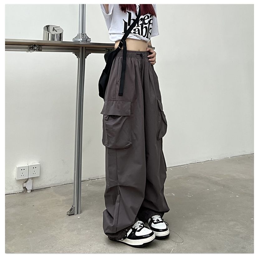 Jiashucheng Quần Yếm Dây Rút Ống Rộng Phong Cách Retro Mỹ Mùa Hè Mới Dễ Phối Đồ Cho Nữ