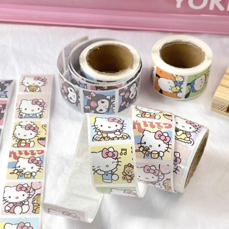 Cuộn 200 miếng tem sticker niêm phong Sanrio Kuromi Cinamarol Hellokitty Melody …