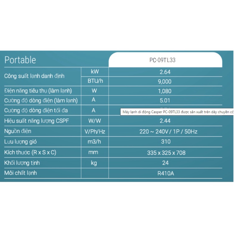 Miễn phí ship Máy lạnh di động Casper 9000BTU PC-09TL33 - Hàng chính hãng - giao hàng toàn quốc (máy bảo hành tại hãng