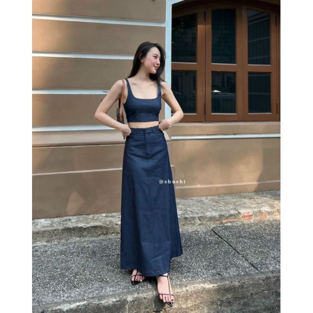 SET CROP 2S DENIM BO THUN LƯNG CHÂN VÁY MIDI