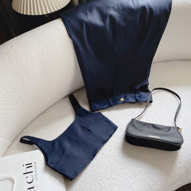SET CROP 2S DENIM BO THUN LƯNG CHÂN VÁY MIDI