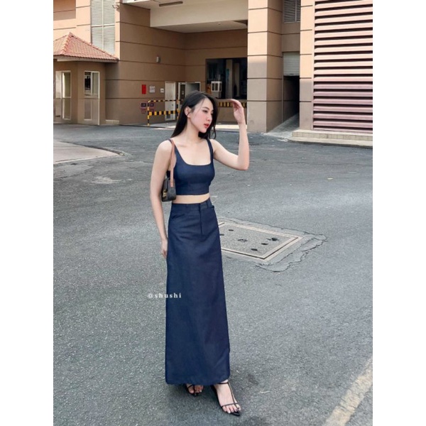 SET CROP 2S DENIM BO THUN LƯNG CHÂN VÁY MIDI