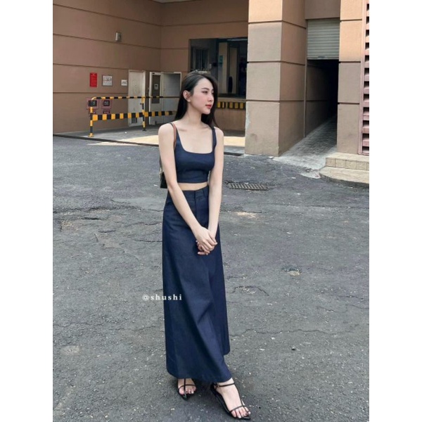 SET CROP 2S DENIM BO THUN LƯNG CHÂN VÁY MIDI