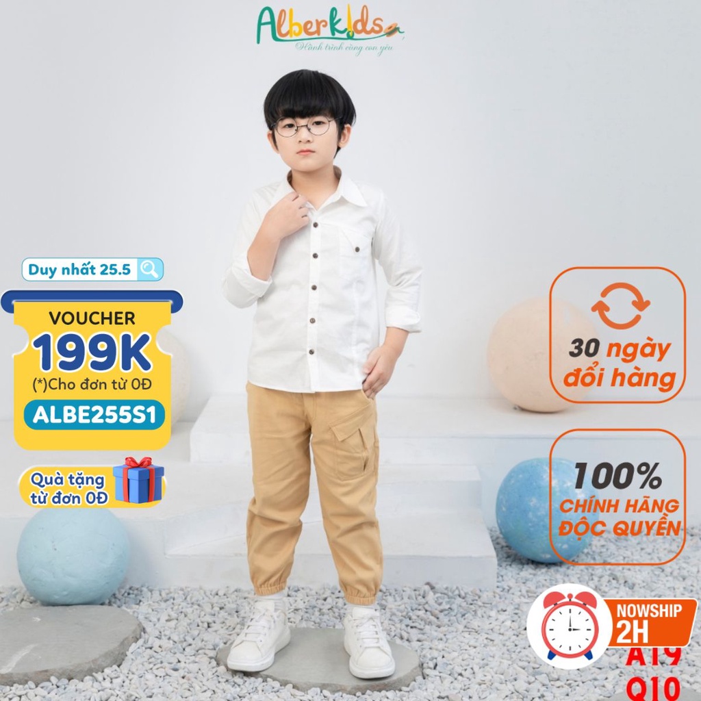 Sét đồ bộ bé trai ALBER áo sơ mi quần dài phong cách Hàn Quốc cho trẻ em 5,6,7,8,9,10,11,12 tuổi [A19, Q10]