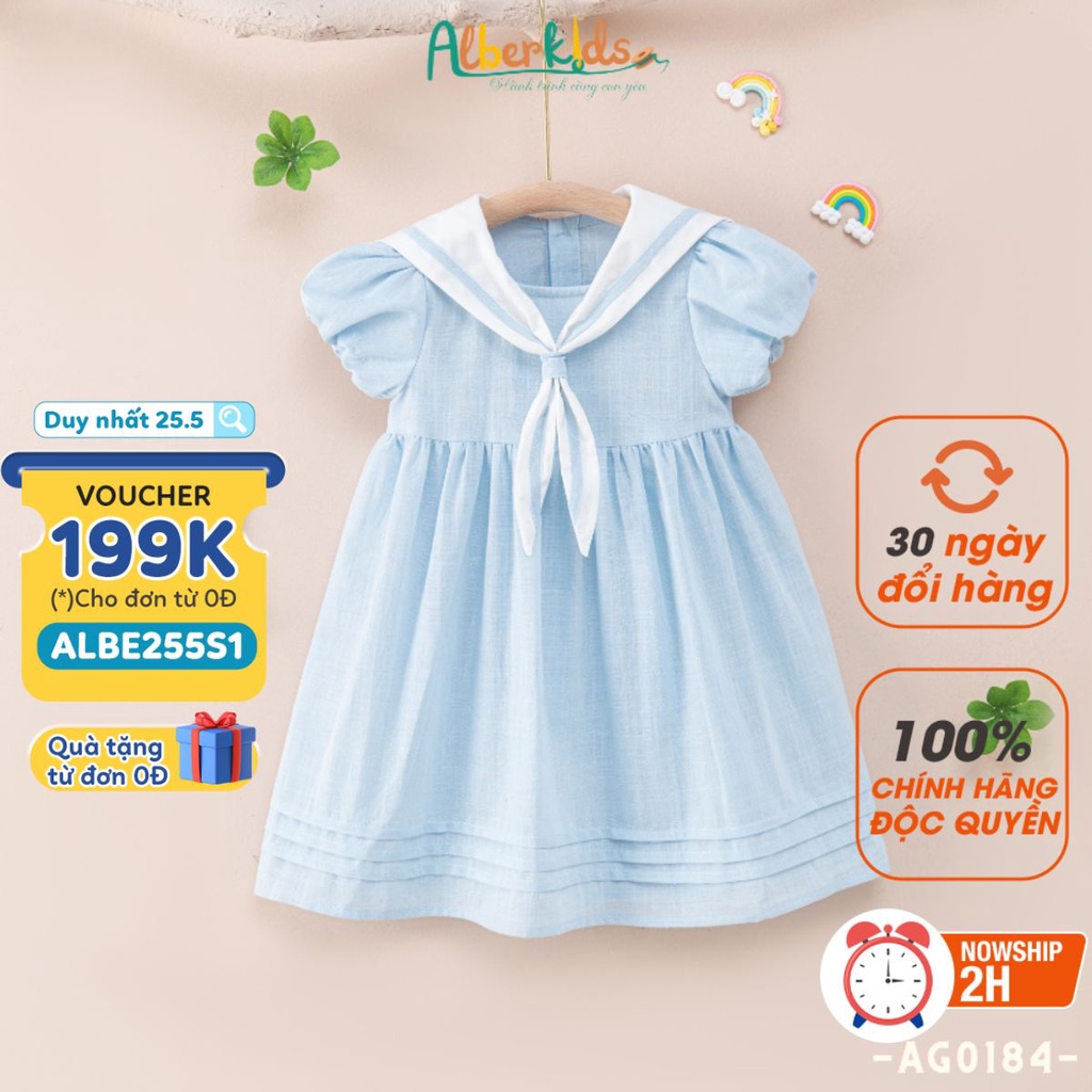 Váy bé gái ALBERKIDS xanh cổ trắng phối nơ công chúa xinh đẹp cho trẻ em 2,3,4,5,6,7,8,9,10,11,12 tuôi [AG0184 ]