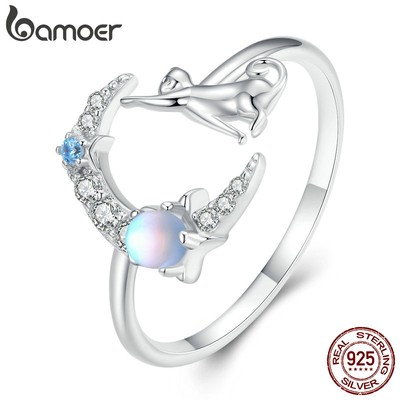 BAMOER Nhẫn Hở bạc 925 HìNh Trăng Và MèO ThờI Trang Cho Nữ
