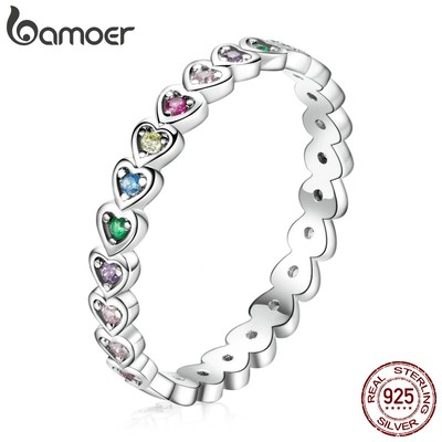 Nhẫn Bamoer SCR752-6 bạc 925 đính đá nhiều màu hình trái tim thời trang cho nữ