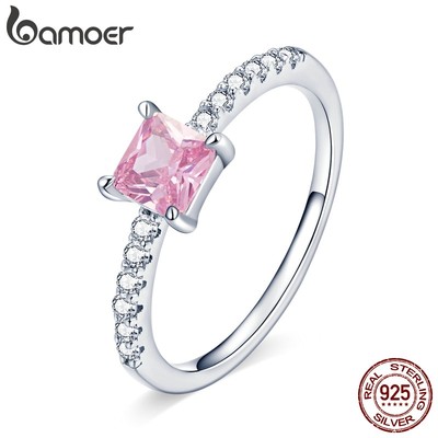 Nhẫn Bamoer BSR191 bằng bạc 925 đính đá pha lê hồng hình vuông thời trang cho nữ