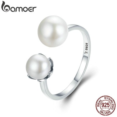 Nhẫn Bamoer có thể điều chỉnh kích thước bạc 925 gắn hạt ngọc trai giả sang trọng cho nữ