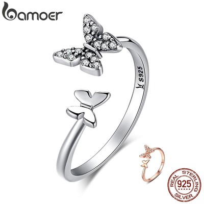 Nhẫn hở Bamoer SCR087 bạc 925 kiểu bướm đính đá CZ thời trang dành cho nữ