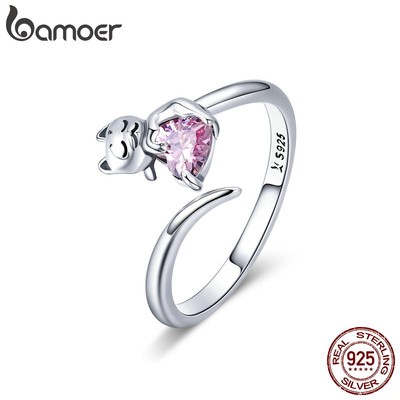 Nhẫn BAMOER SCR446 bạc 925 đính đá cz màu hồng kiểu mèo đáng yêu dễ điều chỉnh kích cỡ