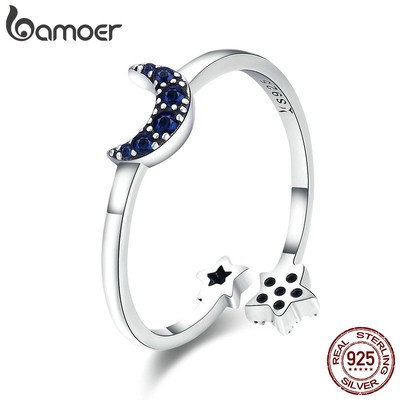 Nhẫn hở Bamoer SCR437 chất liệu bạc 925 phối mặt hình trăng sao đính đá CZ sang trọng cho nữ