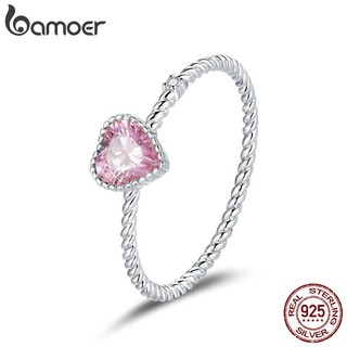 Nhẫn bamoer BSR157 bằng bạc thật đính CZ hồng thiết kế hình trái tim đáng yêu