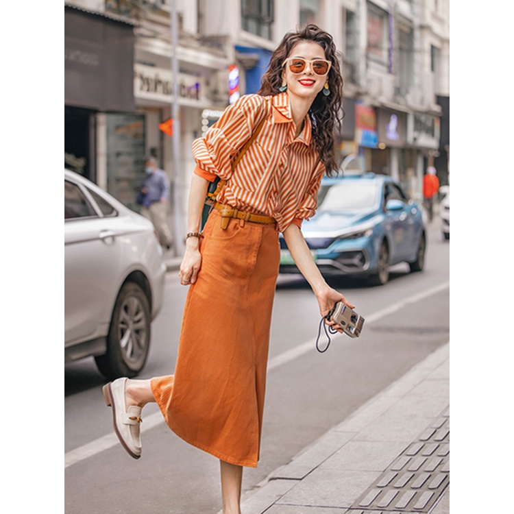 Plus Set Áo Sơ Mi Kẻ Sọc Phối Chân Váy Dài Thời Trang Hè 2023 Cá Tính Cho Nữ