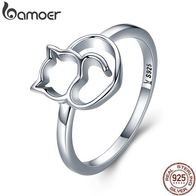 Nhẫn BAMOER Scr104 thiết kế kiểu chú mèo và trái tim dễ thương thời trang dành cho nữ