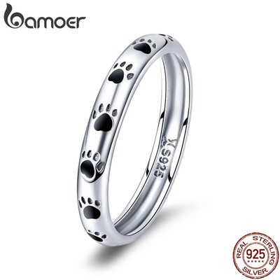 Nhẫn nữ BAMOER bạc 925 họa tiết dấu chân có mèo