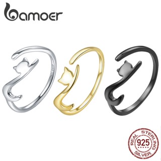 BAMOER Nhẫn bạc 925 Hình Mèo Dễ Thương Có Thể Điều Chỉnh Kích Cỡ