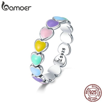 Nhẫn Bamoer SCR444 bạc 925 kiểu trái tim màu cầu vồng thời trang dành cho nữ