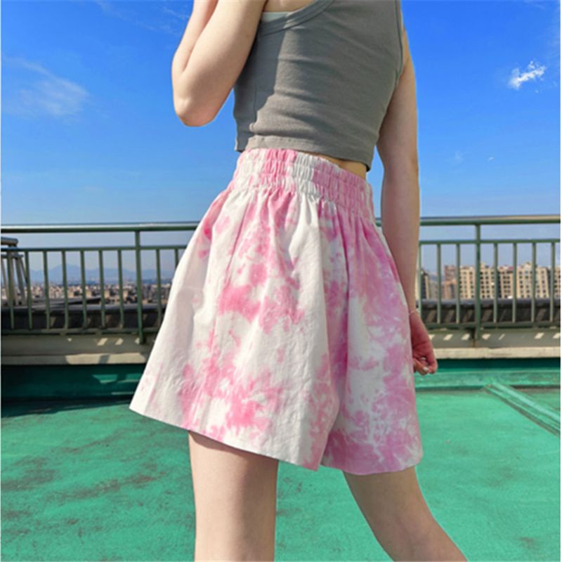 Jiashucheng Quần Short Dáng Chữ A Lưng Cao Ống Rộng Họa Tiết Màu Nhuộm Thời Trang Mùa Hè Cho Nữ
