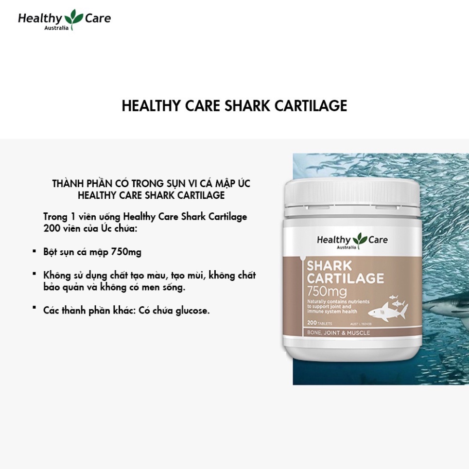 [FREESHIP] Viên uống sụn vi cá hỗ trợ xương khớp Shark Cartilage Healthy Care 750mg 200 viên của Úc