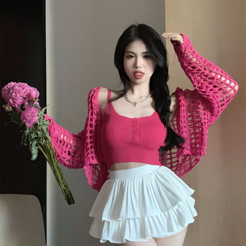 Jiashucheng Bộ Áo Khoác Cardigan Dệt Kim Dài Tay Phong Cách Mới Mùa Hè