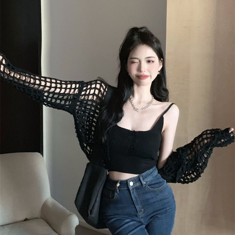 Jiashucheng Bộ Áo Khoác Cardigan Dệt Kim Dài Tay Phong Cách Mới Mùa Hè