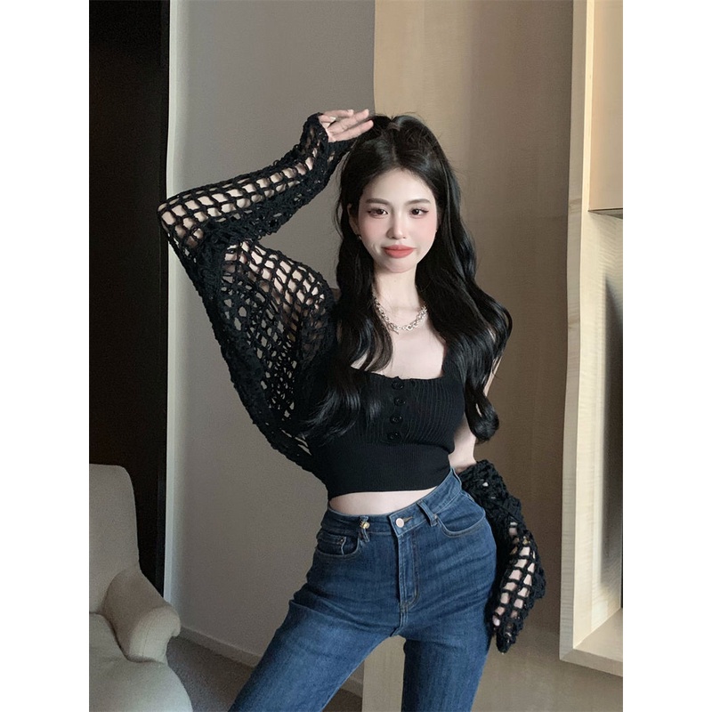 Jiashucheng Bộ Áo Khoác Cardigan Dệt Kim Dài Tay Phong Cách Mới Mùa Hè