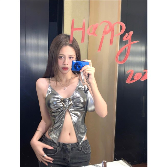 Jiashucheng Áo Dây Mùa Hè Hở Rốn Dạng Lỏng Cổ Chữ V Kim Loại Bạc Hình Dạng Ngọt Ngào