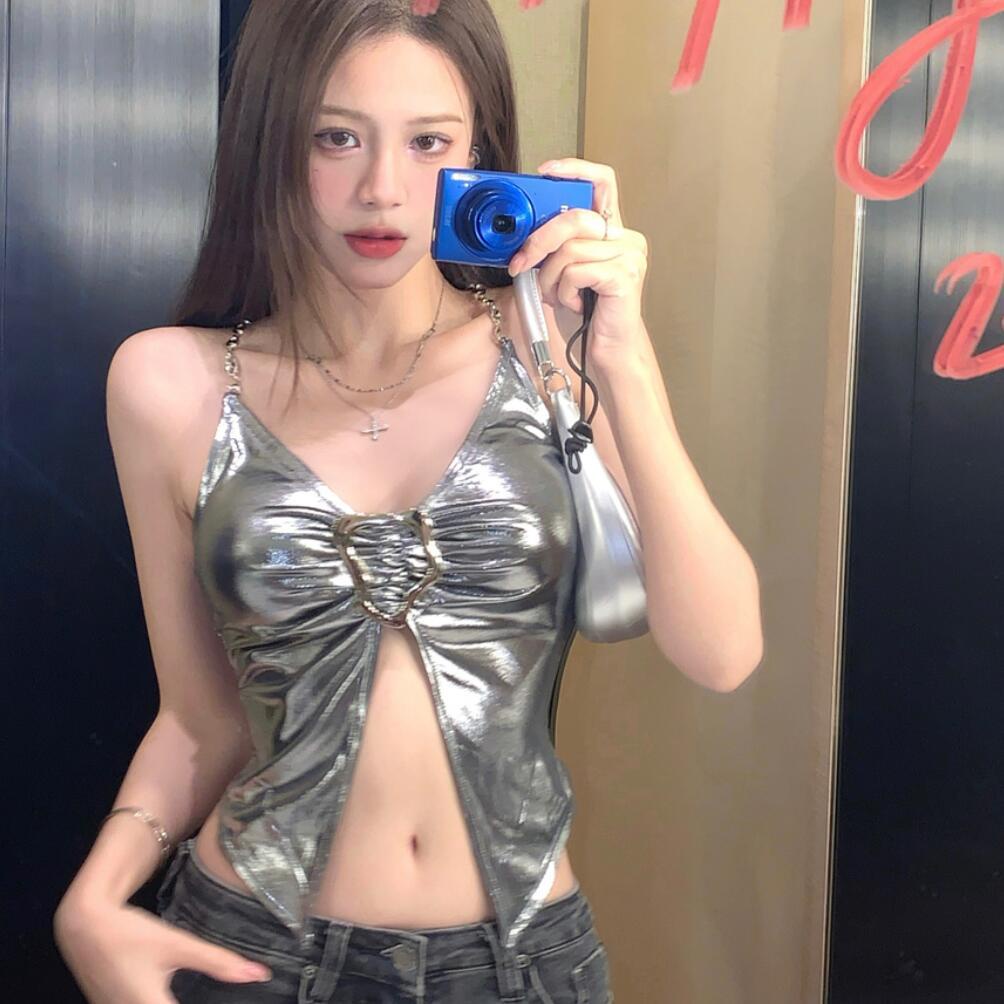 Jiashucheng Áo Dây Mùa Hè Hở Rốn Dạng Lỏng Cổ Chữ V Kim Loại Bạc Hình Dạng Ngọt Ngào