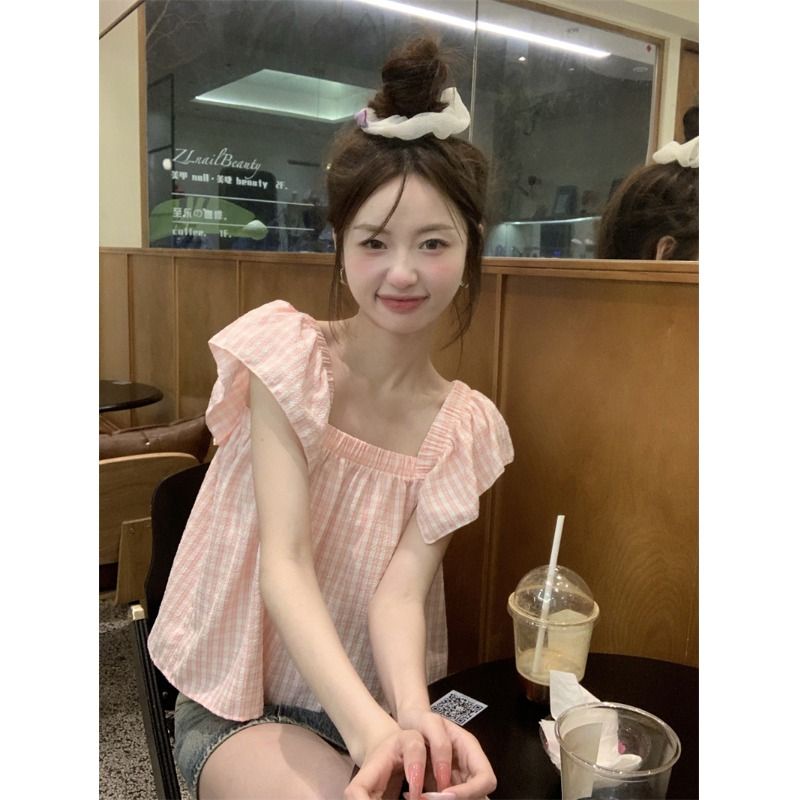 Jiashucheng Áo Thun Không Tay Cổ Vuông Họa Tiết Kẻ Sọc Màu Xanh Lá Ngọt Ngào Phong Cách Pháp Ngọt Ngào Thời Trang Mùa Hè Cho Nữ