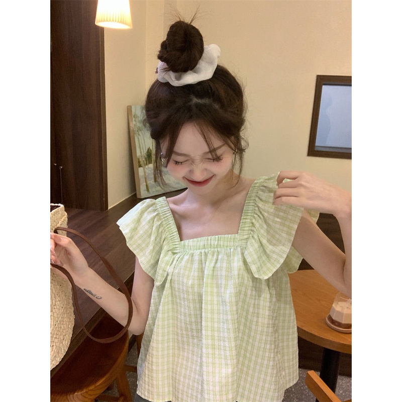 Jiashucheng Áo Thun Không Tay Cổ Vuông Họa Tiết Kẻ Sọc Màu Xanh Lá Ngọt Ngào Phong Cách Pháp Ngọt Ngào Thời Trang Mùa Hè Cho Nữ