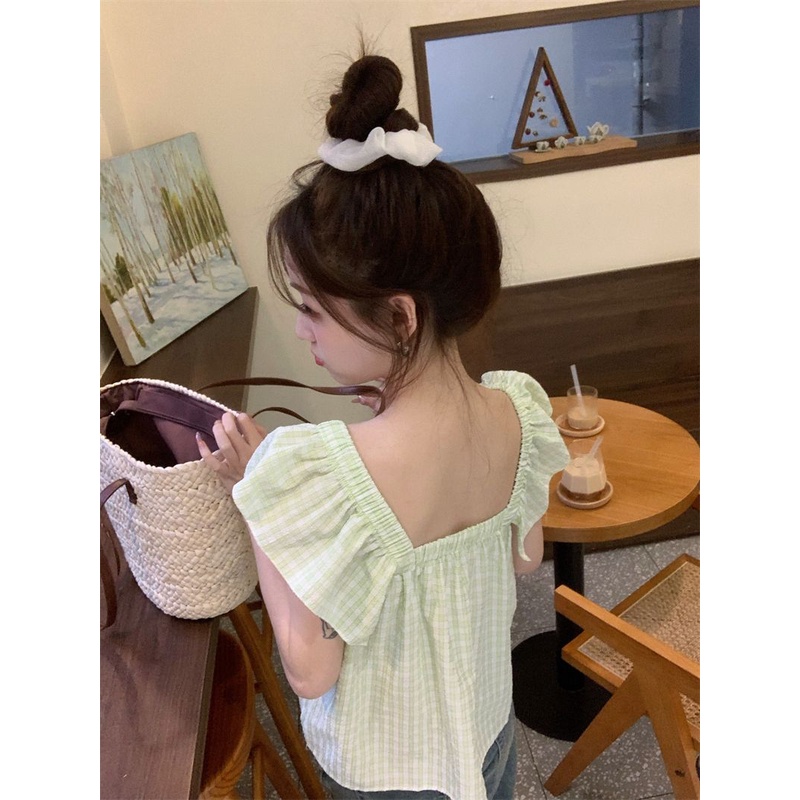 Jiashucheng Áo Thun Không Tay Cổ Vuông Họa Tiết Kẻ Sọc Màu Xanh Lá Ngọt Ngào Phong Cách Pháp Ngọt Ngào Thời Trang Mùa Hè Cho Nữ