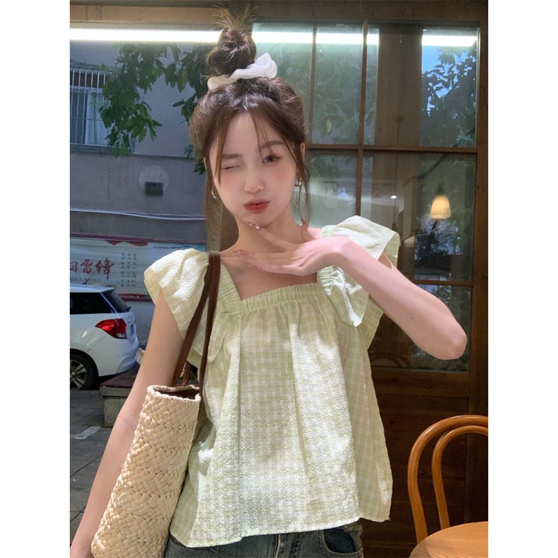 Jiashucheng Áo Thun Không Tay Cổ Vuông Họa Tiết Kẻ Sọc Màu Xanh Lá Ngọt Ngào Phong Cách Pháp Ngọt Ngào Thời Trang Mùa Hè Cho Nữ