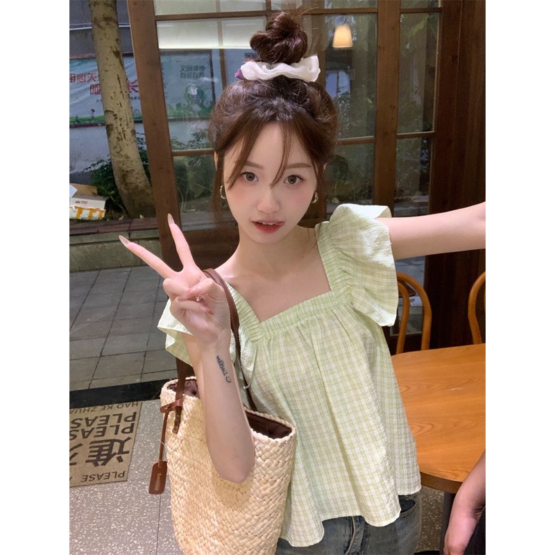 Jiashucheng Áo Thun Không Tay Cổ Vuông Họa Tiết Kẻ Sọc Màu Xanh Lá Ngọt Ngào Phong Cách Pháp Ngọt Ngào Thời Trang Mùa Hè Cho Nữ