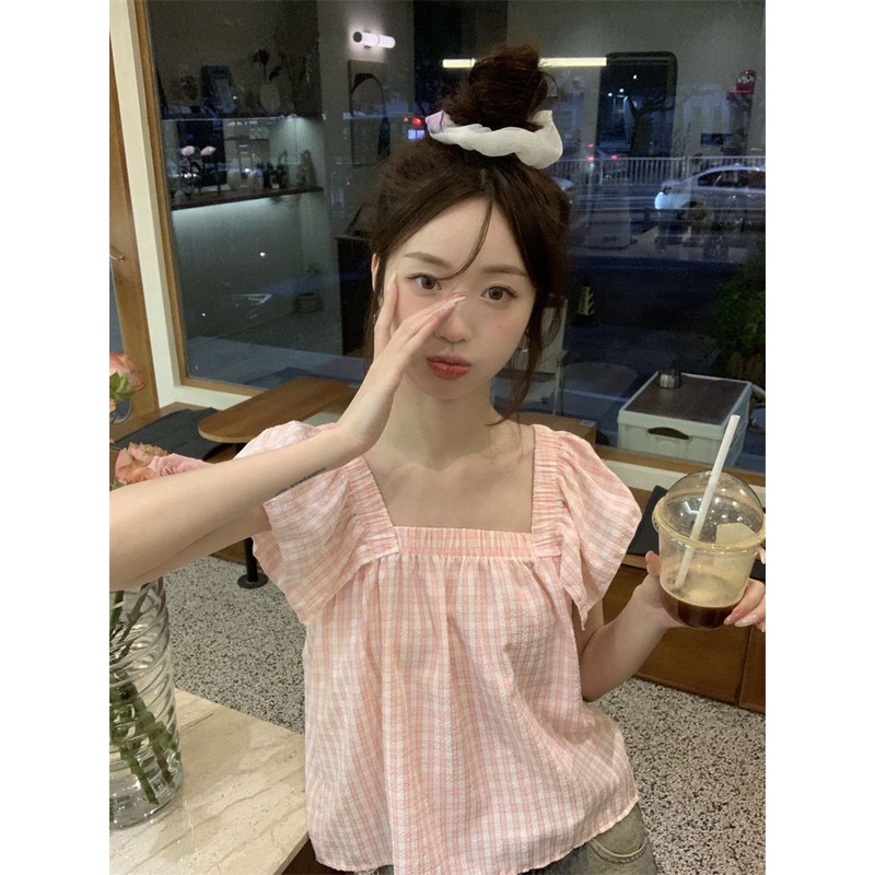 Jiashucheng Áo Thun Không Tay Cổ Vuông Họa Tiết Kẻ Sọc Màu Xanh Lá Ngọt Ngào Phong Cách Pháp Ngọt Ngào Thời Trang Mùa Hè Cho Nữ