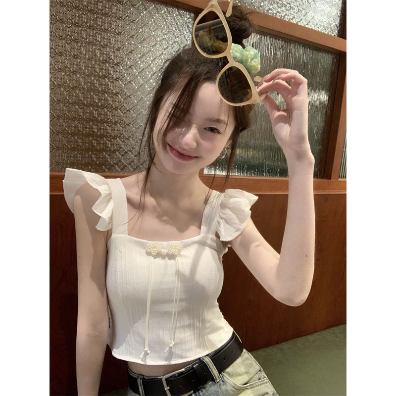 Jiashucheng Áo Sát Nách Cổ Vuông Nhỏ Ôm Dáng Phối Bèo Thiết Kế Mùa Hè Cho Nữ