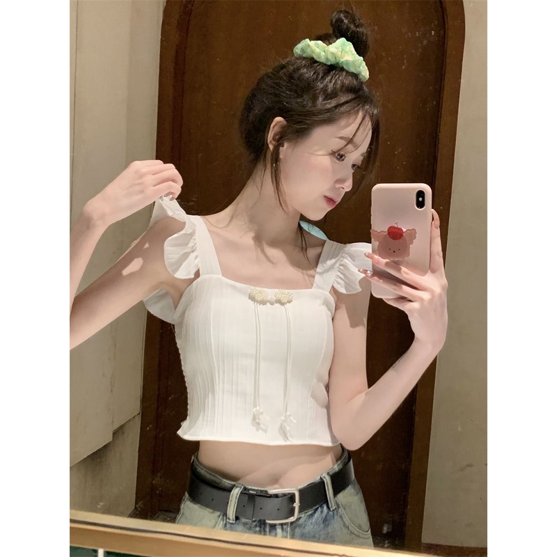 Jiashucheng Áo Sát Nách Cổ Vuông Nhỏ Ôm Dáng Phối Bèo Thiết Kế Mùa Hè Cho Nữ