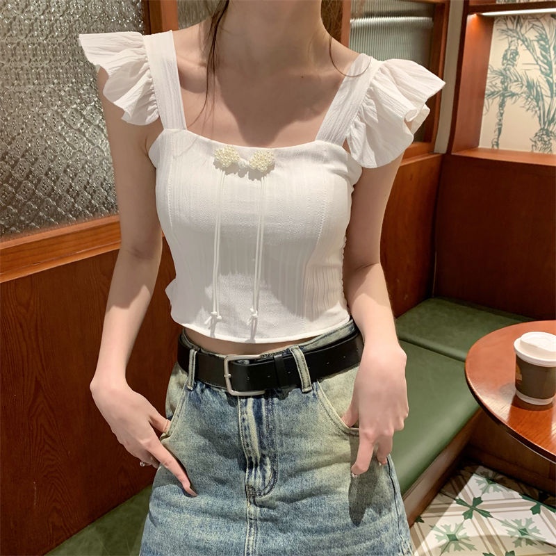 Jiashucheng Áo Sát Nách Cổ Vuông Nhỏ Ôm Dáng Phối Bèo Thiết Kế Mùa Hè Cho Nữ