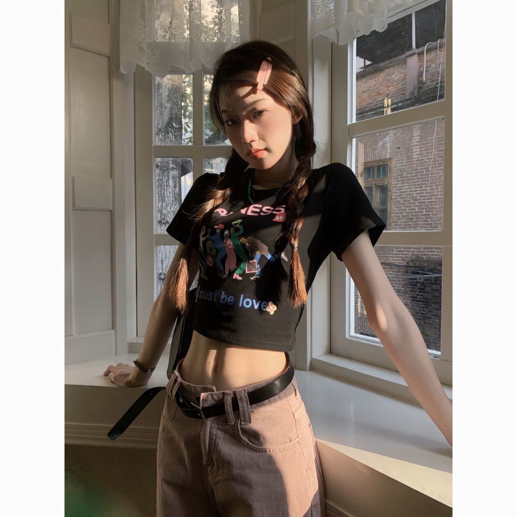 Jiashucheng Áo Thun Cotton Nguyên Chất Ngắn Tay In Chữ Retro Mỹ Mùa Hè Ôm Dáng Cho Nữ