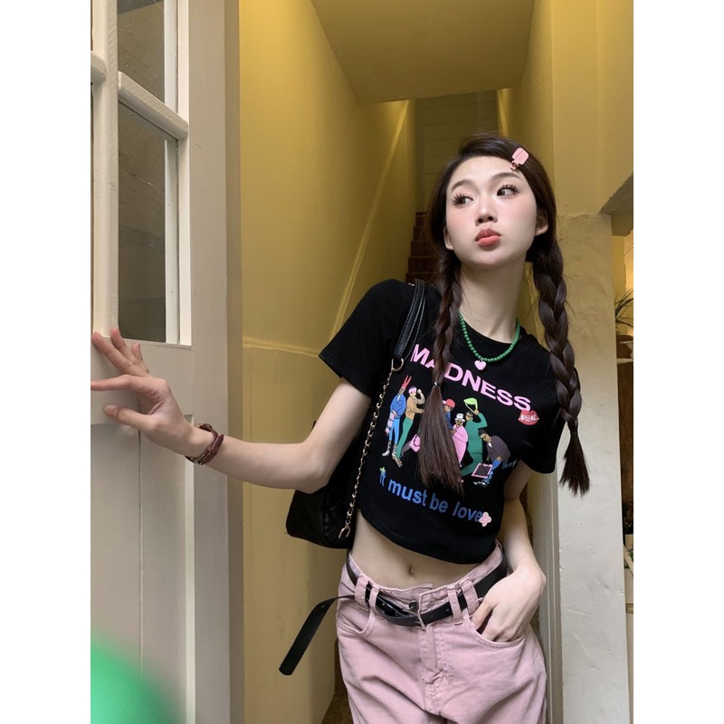 Jiashucheng Áo Thun Cotton Nguyên Chất Ngắn Tay In Chữ Retro Mỹ Mùa Hè Ôm Dáng Cho Nữ