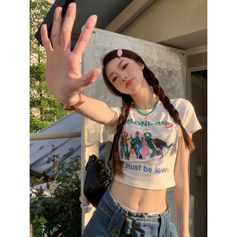 Jiashucheng Áo Thun Cotton Nguyên Chất Ngắn Tay In Chữ Retro Mỹ Mùa Hè Ôm Dáng Cho Nữ