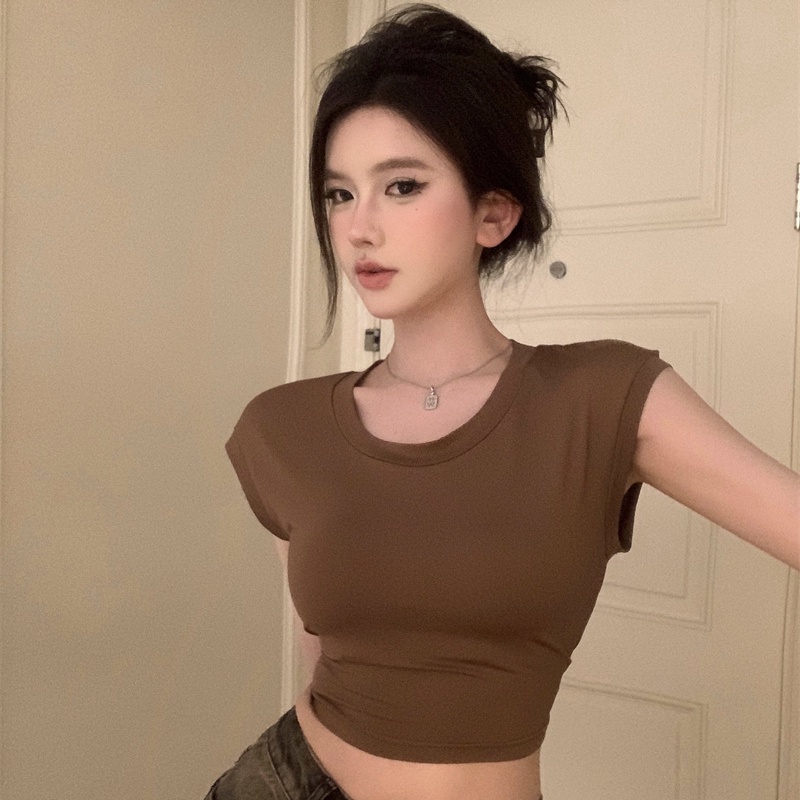 Jiashucheng Áo Thun Ngắn Tay Lưng Cao Buộc Dây Mùa Hè Ôm Dáng Ngọt Ngào Cho Nữ @ -