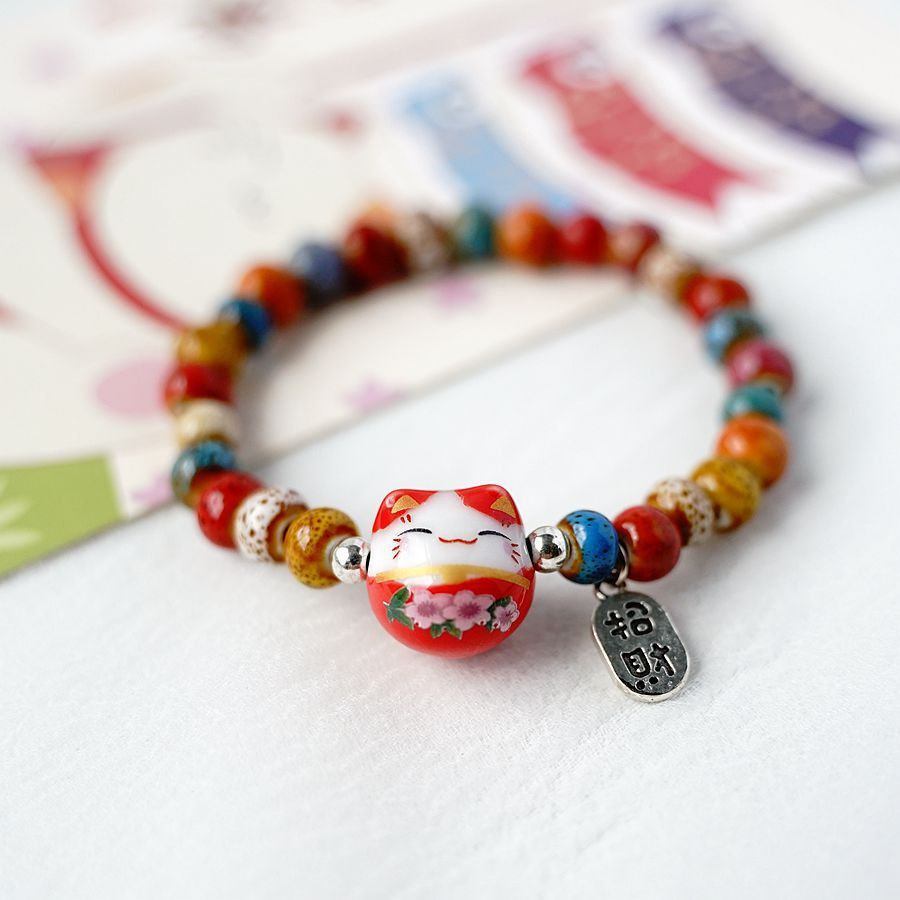 Vòng Đeo Tay Hạt Gốm Sứ Hình Mèo May Mắn Nhỏ Tươi Mới Và Nghệ Thuật Ngọt Ngào