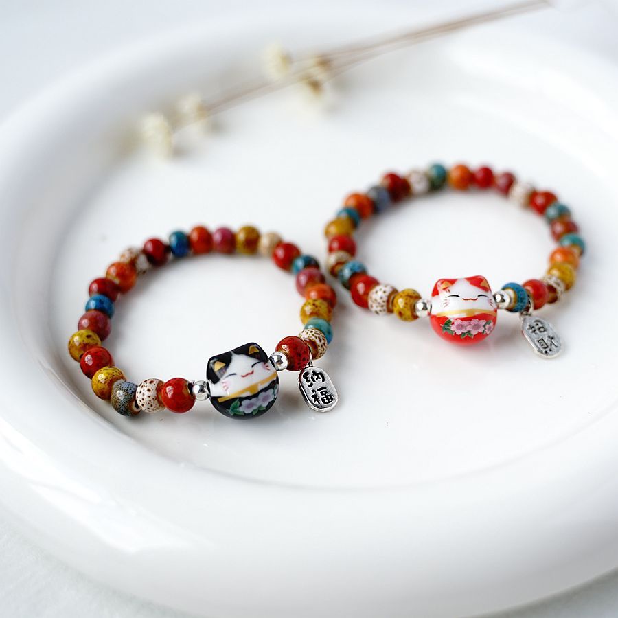 Vòng Đeo Tay Hạt Gốm Sứ Hình Mèo May Mắn Nhỏ Tươi Mới Và Nghệ Thuật Ngọt Ngào