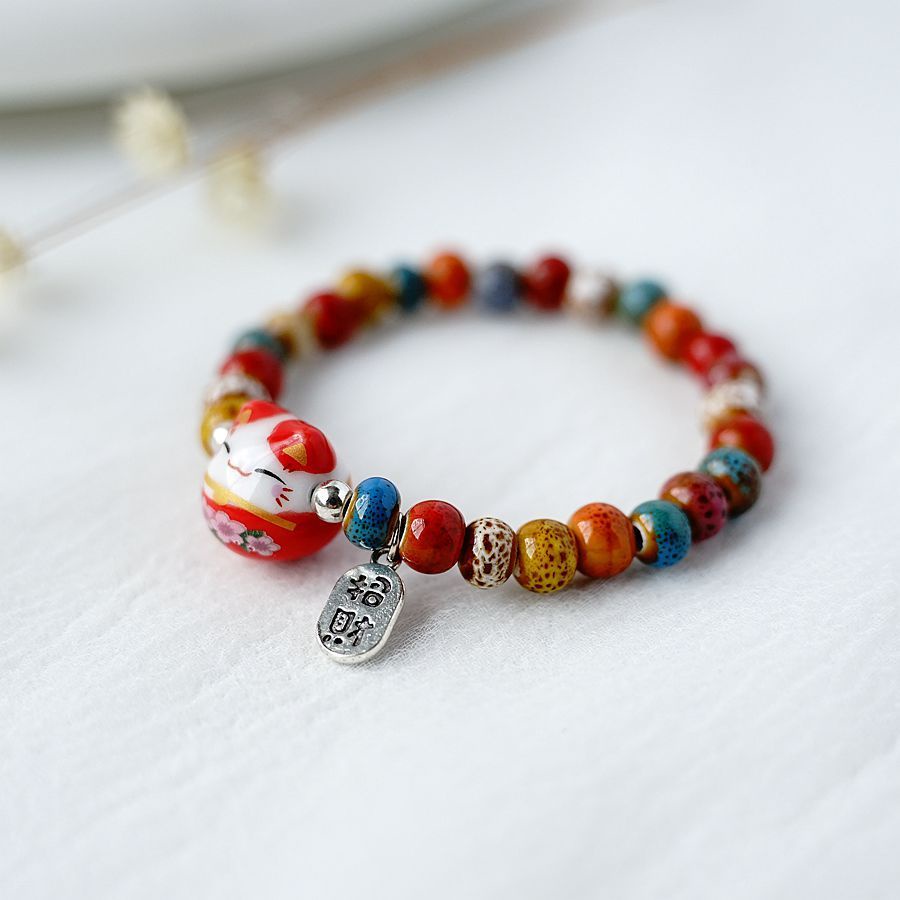 Vòng Đeo Tay Hạt Gốm Sứ Hình Mèo May Mắn Nhỏ Tươi Mới Và Nghệ Thuật Ngọt Ngào