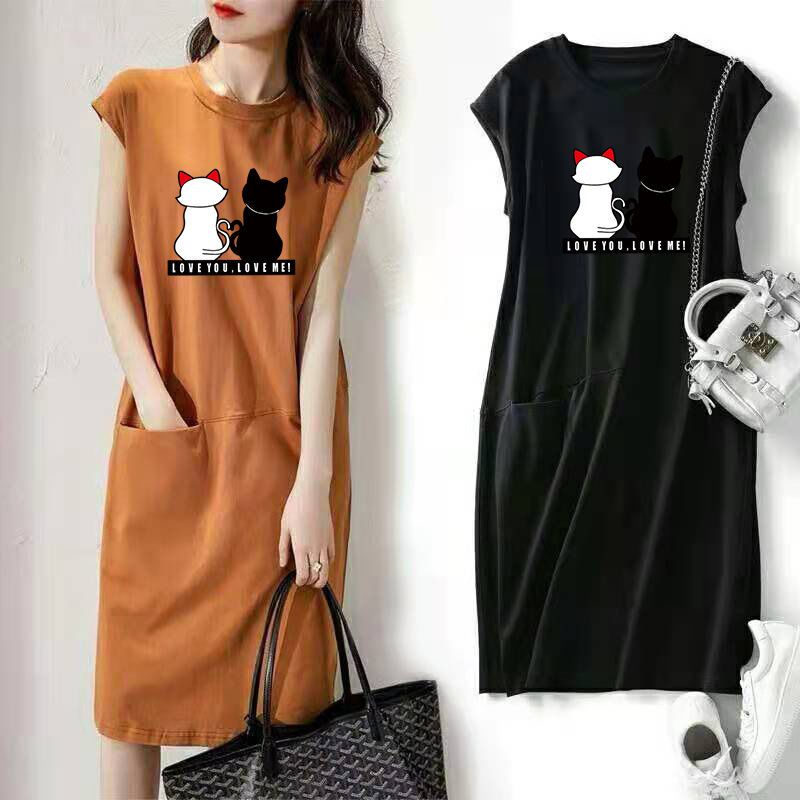 Đầm Thun Sát Nách Dáng Rộng In Họa Tiết Hoạt Hình Phong Cách Hàn Quốc Thời Trang Mùa Hè Xinh Xắn Cho Nữ