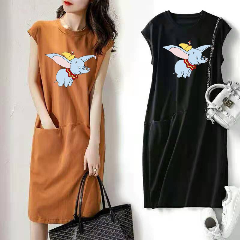 Đầm Thun Sát Nách Dáng Rộng In Họa Tiết Hoạt Hình Phong Cách Hàn Quốc Thời Trang Mùa Hè Xinh Xắn Cho Nữ