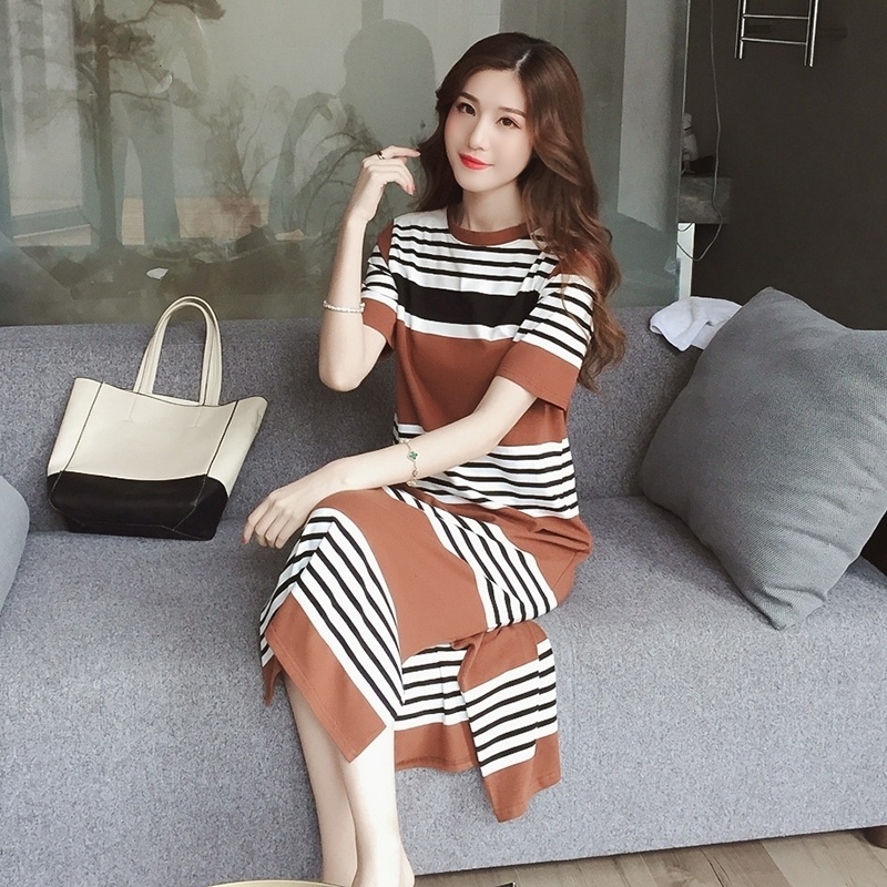 Đầm Dệt Kim Tay Ngắn Cổ Tròn Màu Trơn Dáng Rộng Xẻ Tà Phong Cách Hàn Quốc Thời Trang Cho Nữ