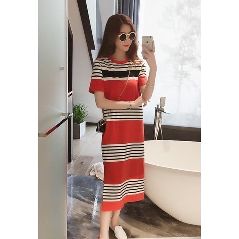 Đầm Dệt Kim Tay Ngắn Cổ Tròn Màu Trơn Dáng Rộng Xẻ Tà Phong Cách Hàn Quốc Thời Trang Cho Nữ