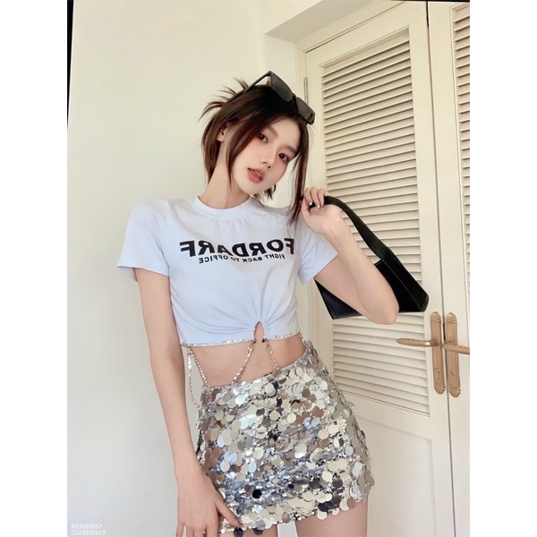 Áo Thun Tay Ngắn CROPTOP PHỐI XÍCH IN CHỮ ,Sành Điệu Cá Tính, Thương Thương Shop